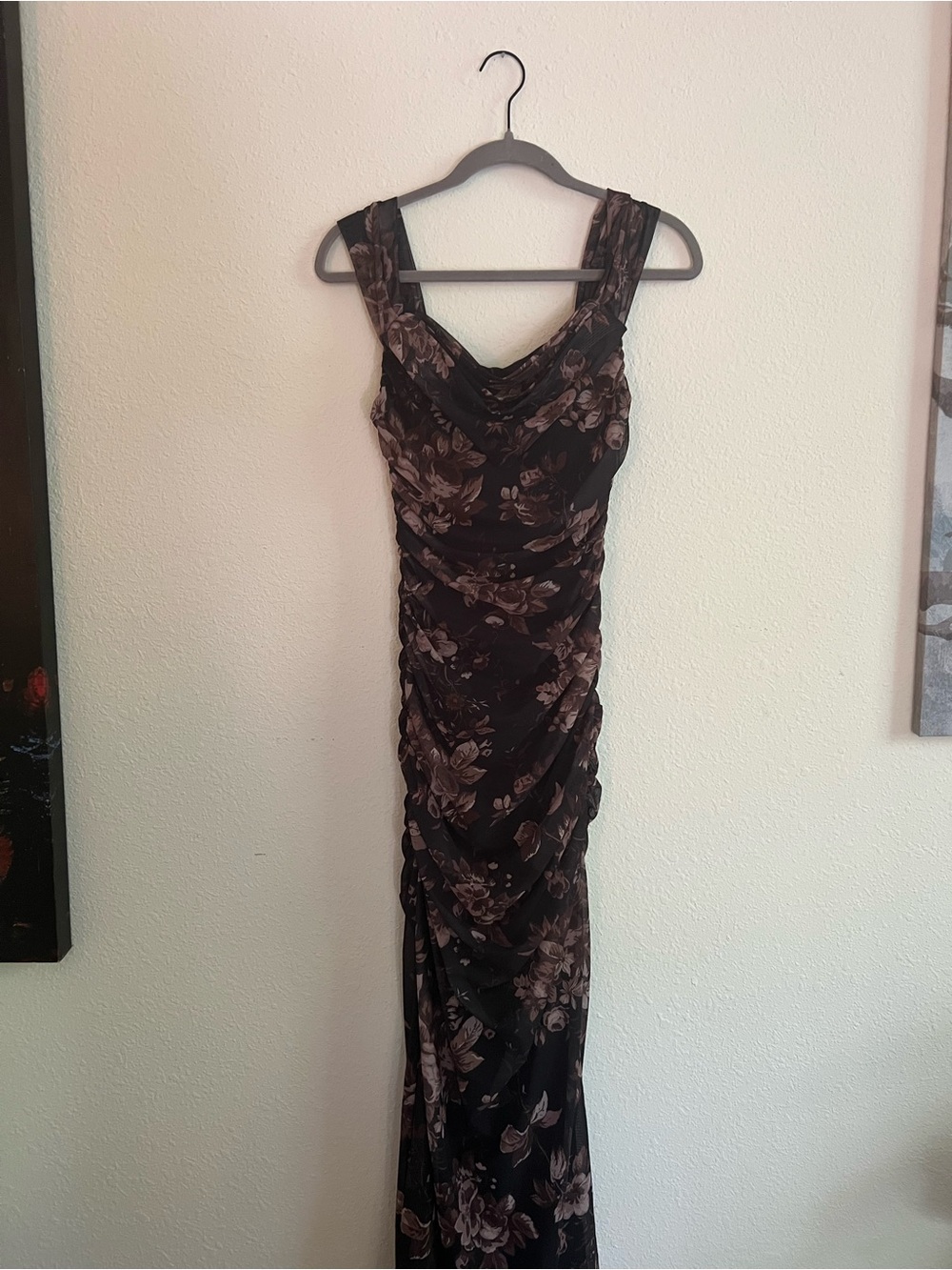 Elegant Black Floral Ruched Evening Dress